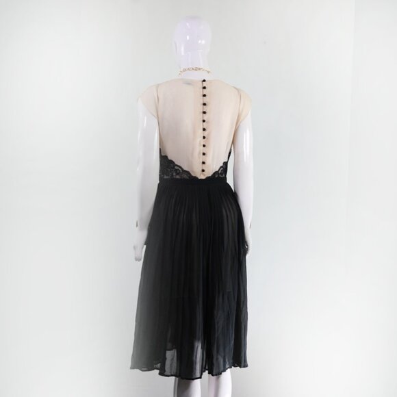 Elegant Beige & Black Lace Accent Midi Party Dress - Picture 2 of 5